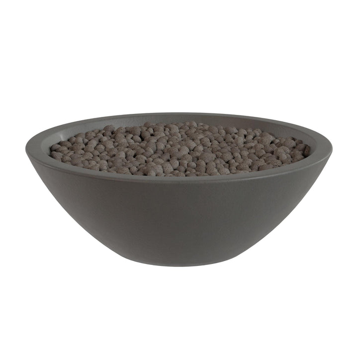 A gray bowl filled with small, round objects, possibly beads or stones.
