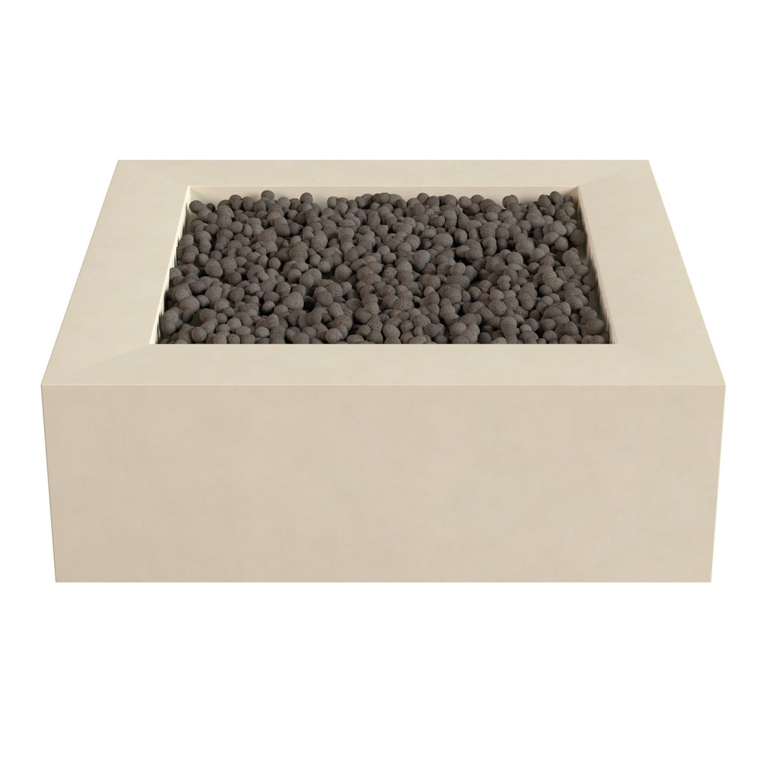 a rectangular, beige-colored structure filled with small, dark-colored stones or pebbles.