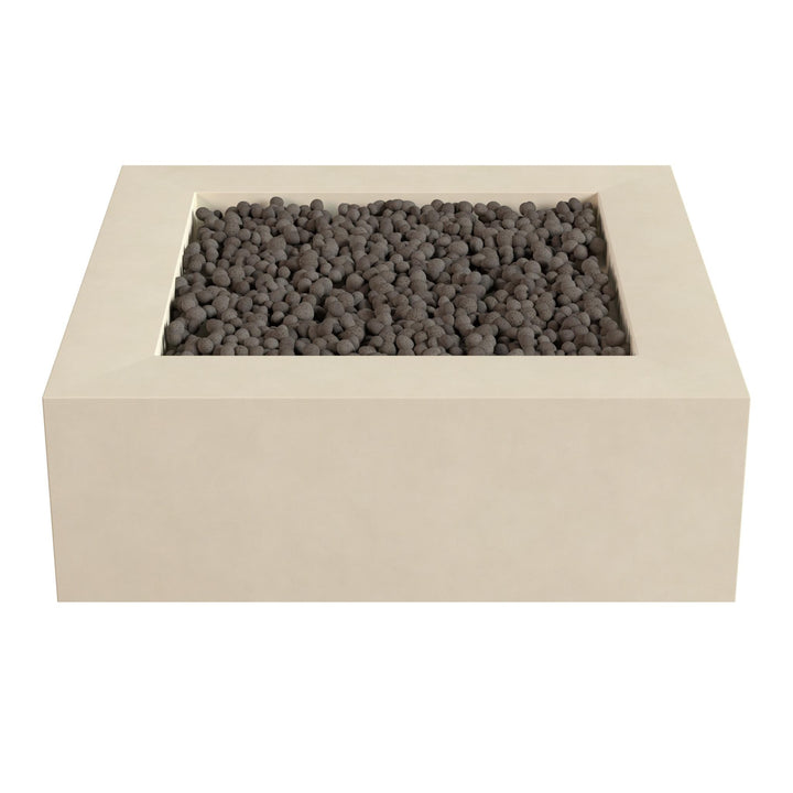 a rectangular, beige-colored structure filled with small, dark-colored stones or pebbles.