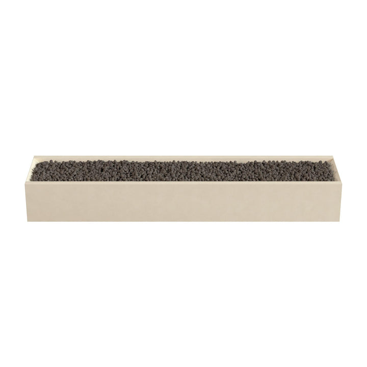 A rectangular planter box filled with small rocks or pebbles.