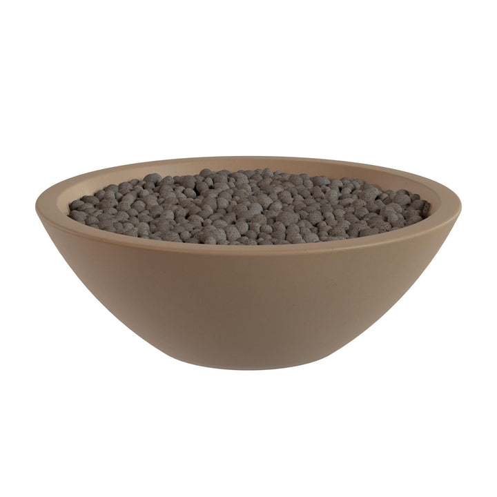 A large, round bowl filled with small, dark-colored stones or pebbles.