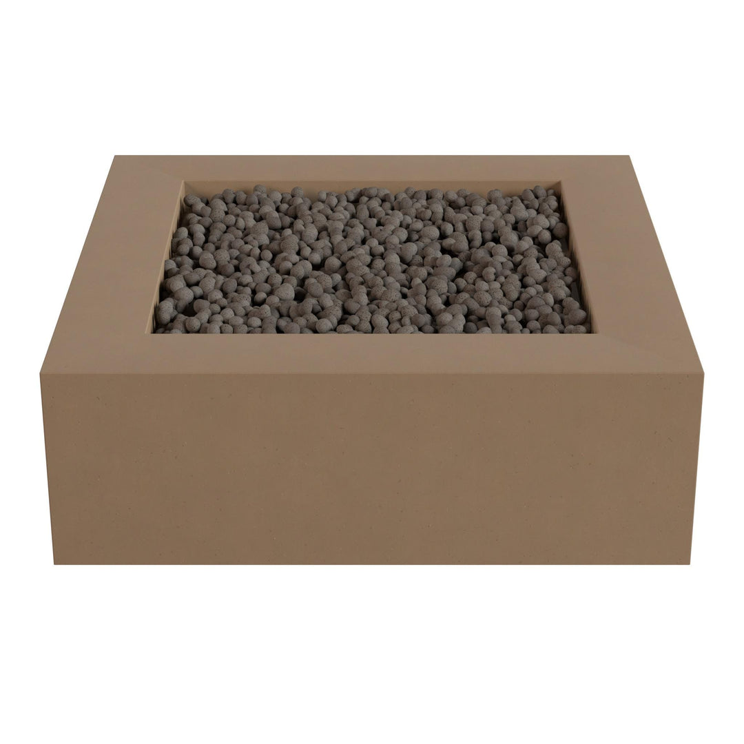 A rectangular, beige-colored box or container filled with small, round stones or pebbles.