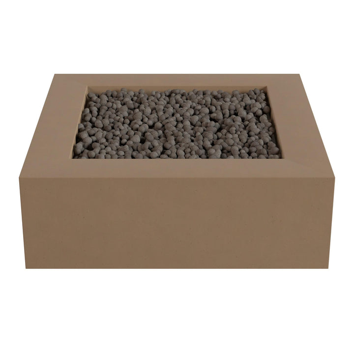 A rectangular, beige-colored box or container filled with small, round stones or pebbles.