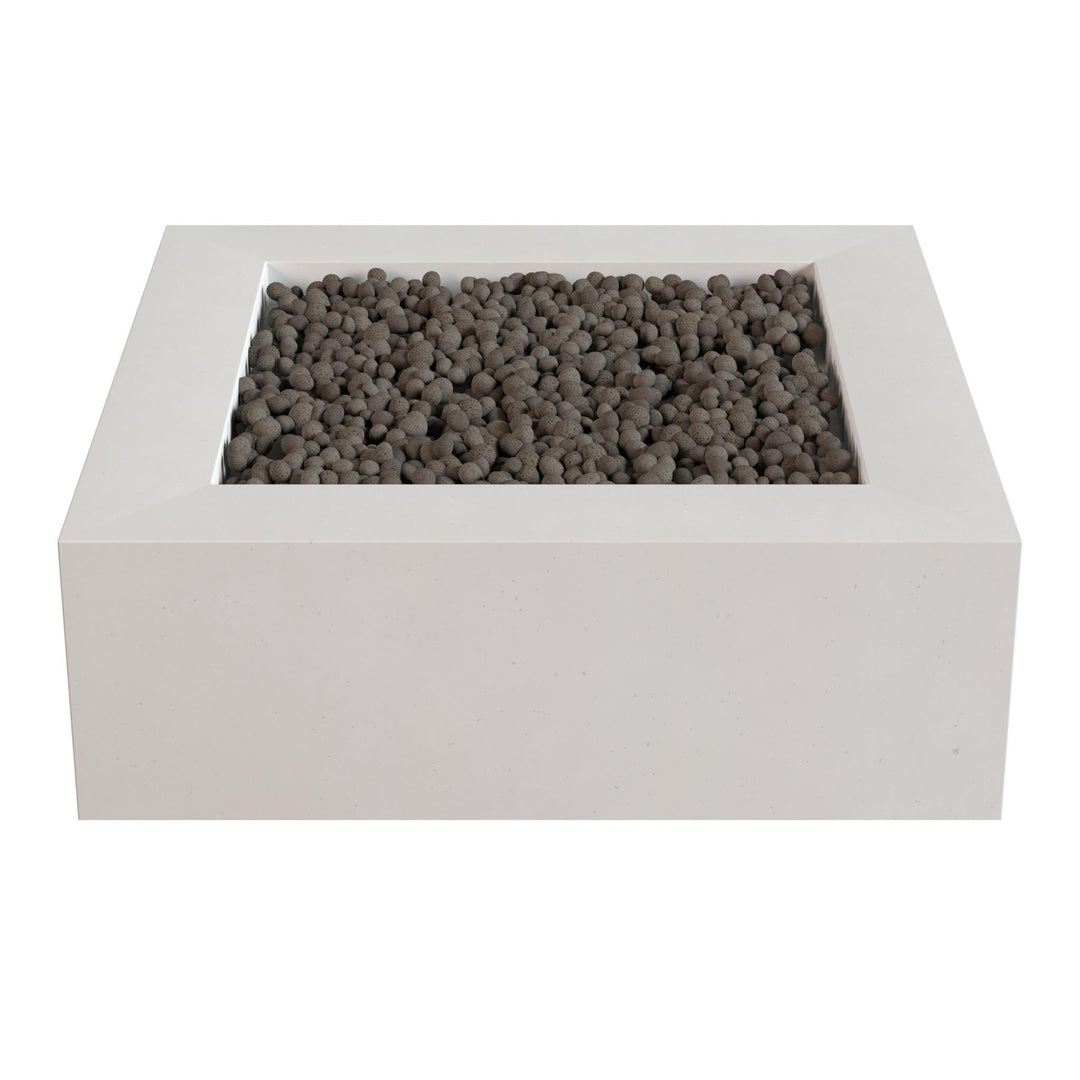 a white rectangular planter filled with small gray stones or pebbles.