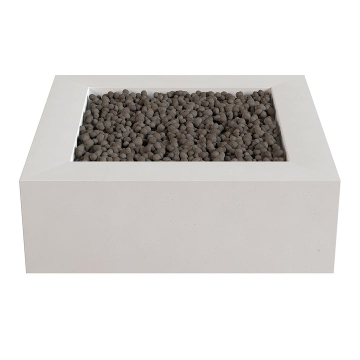 a white rectangular planter filled with small gray stones or pebbles.