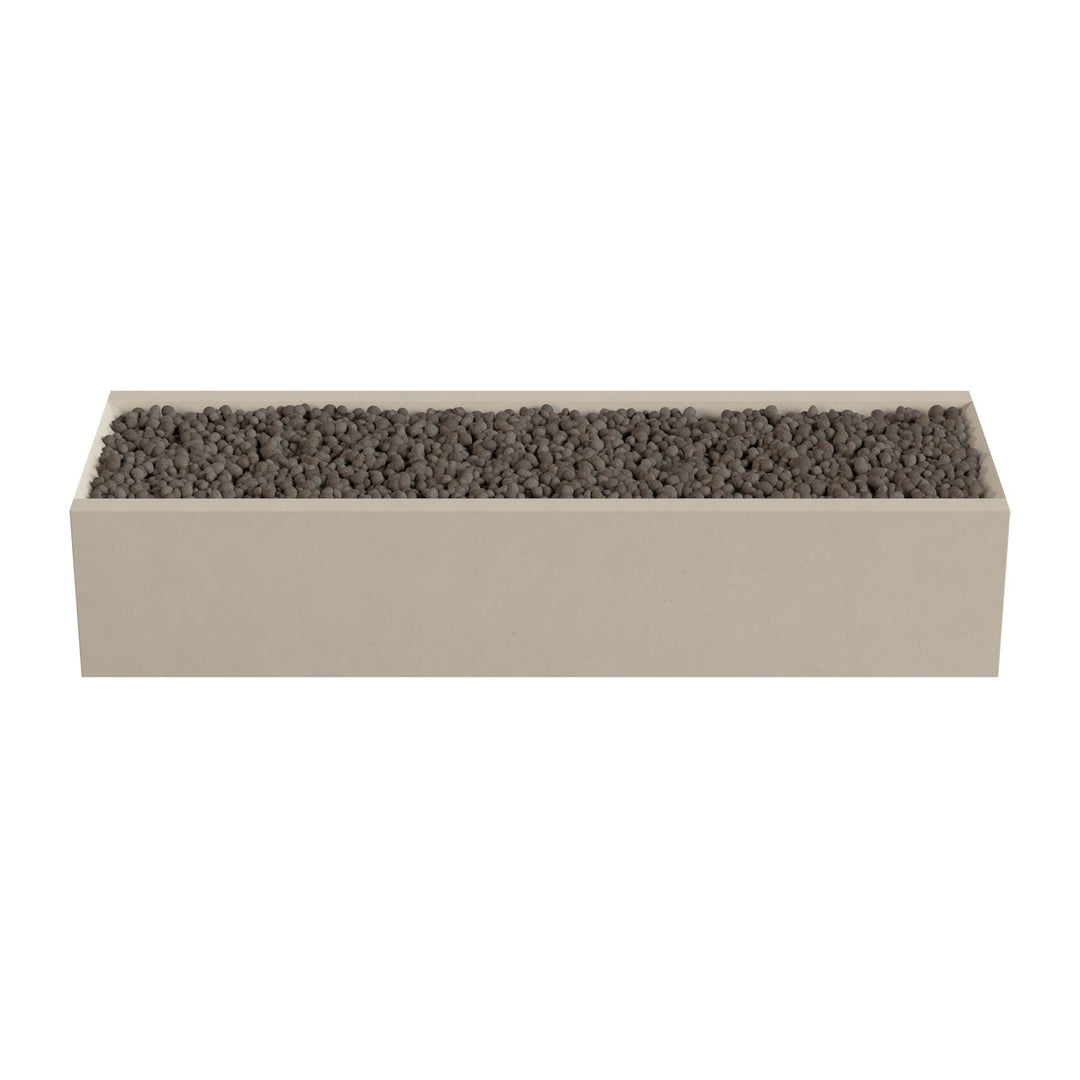 A rectangular planter box filled with small rocks or pebbles.