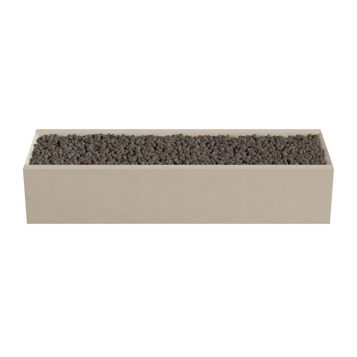 A rectangular planter box filled with small rocks or pebbles.