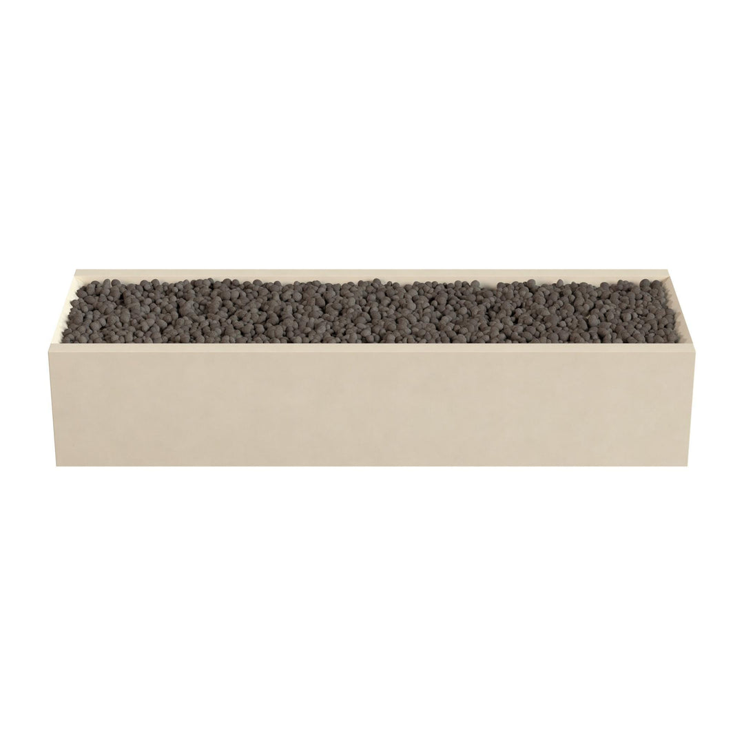 A rectangular planter box filled with small rocks or pebbles.