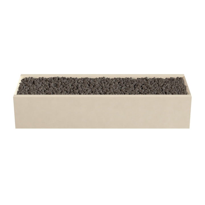 A rectangular planter box filled with small rocks or pebbles.