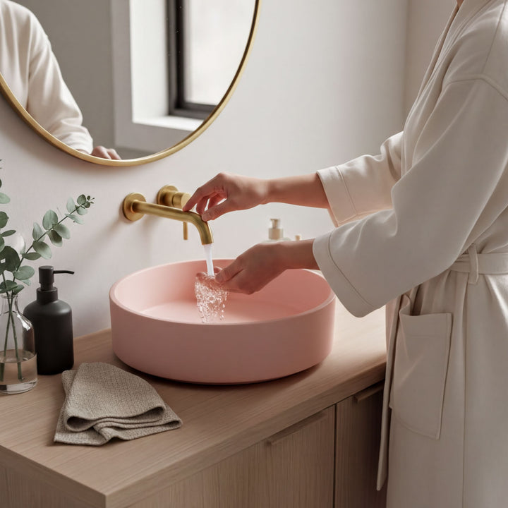 A person in a white robe is washing their hands in a pink sink, with a round faucet and a gold-framed mirror above it.