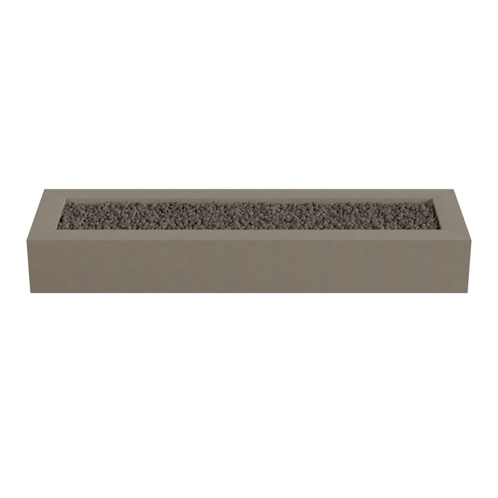 A rectangular concrete planter filled with small rocks or pebbles.