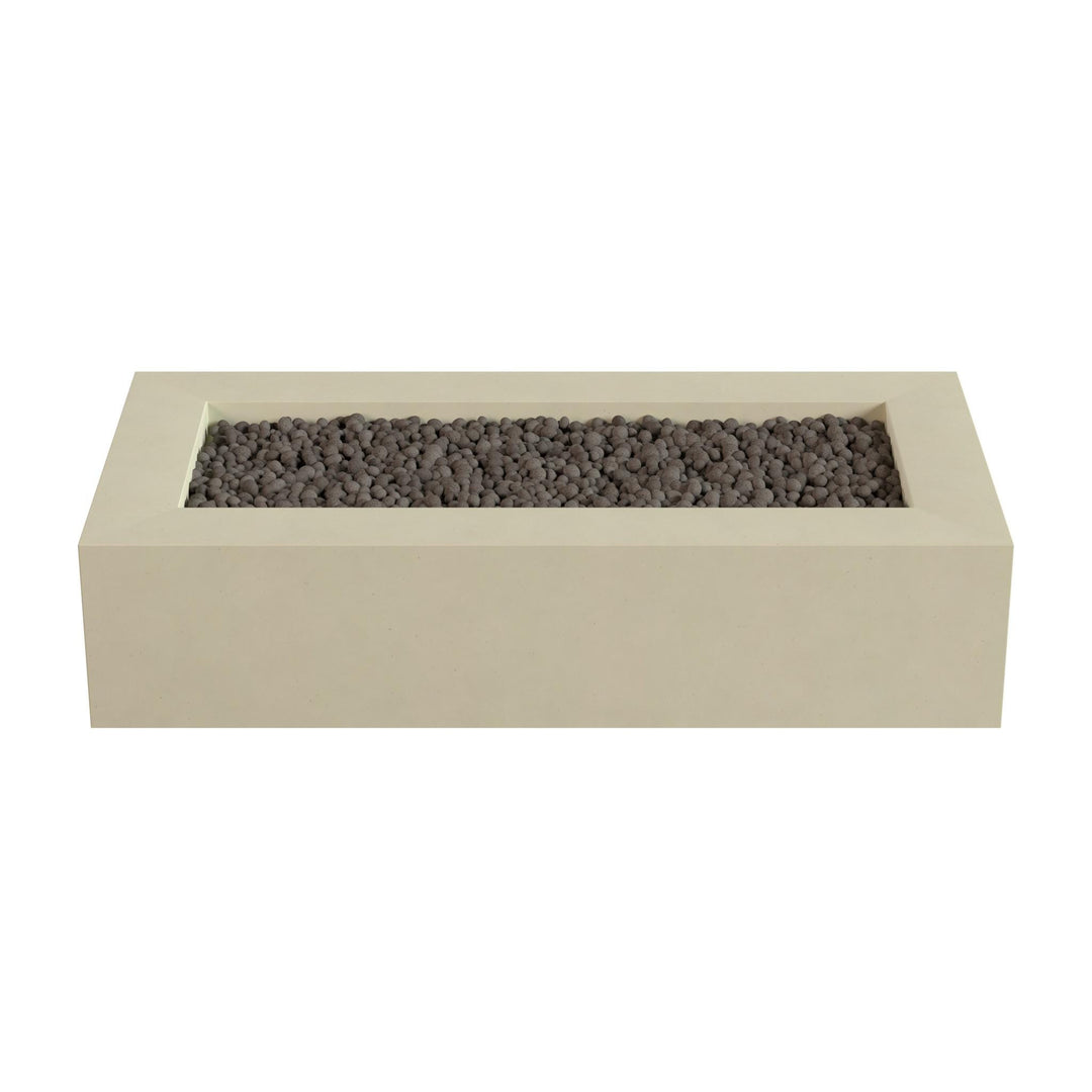 A rectangular, beige-colored planter filled with small, dark-colored stones or pebbles.