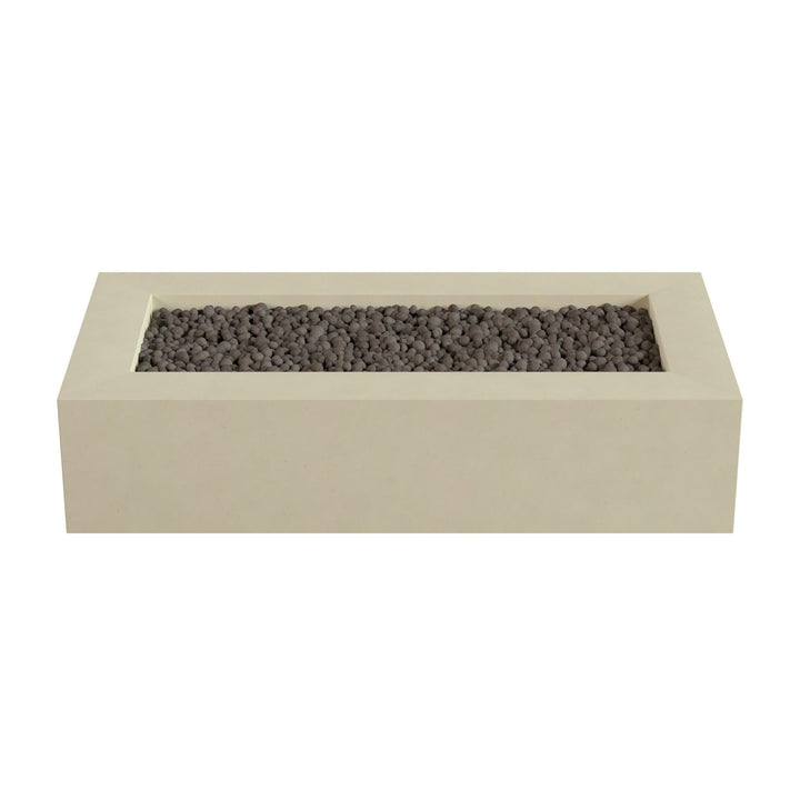 A rectangular, beige-colored planter filled with small, dark-colored stones or pebbles.