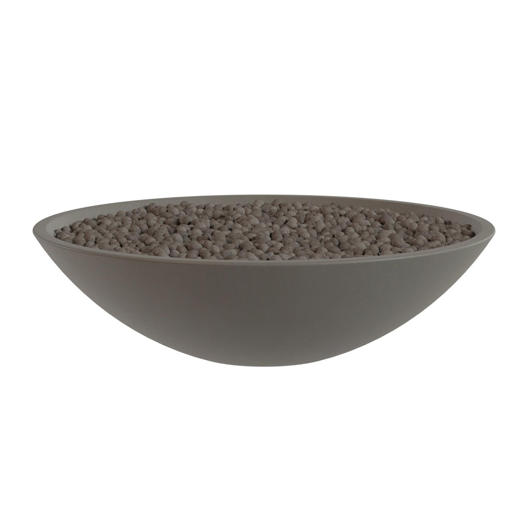 A gray bowl filled with small, round objects, likely pebbles or stones, is shown against a white background.