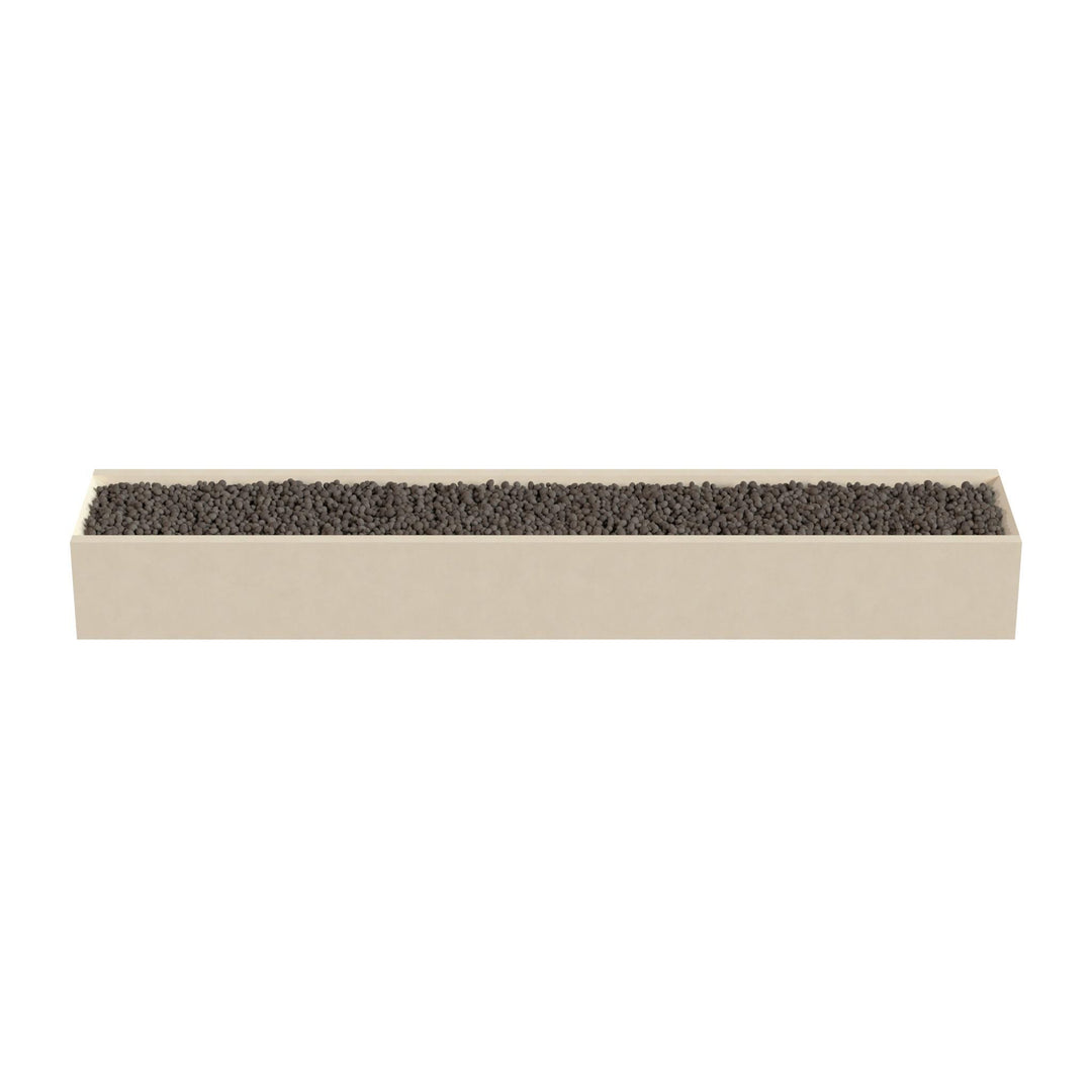 A rectangular planter box filled with small black stones or pebbles.