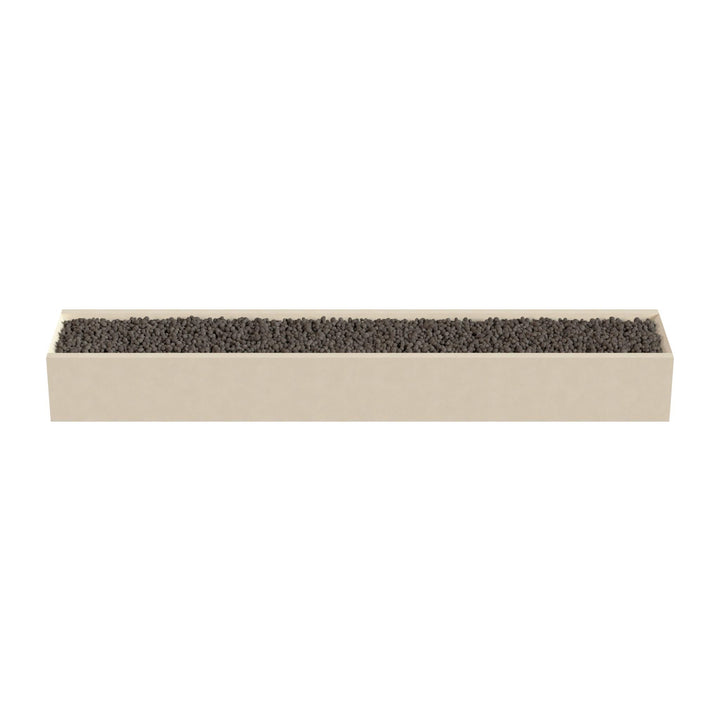 A rectangular planter box filled with small black stones or pebbles.