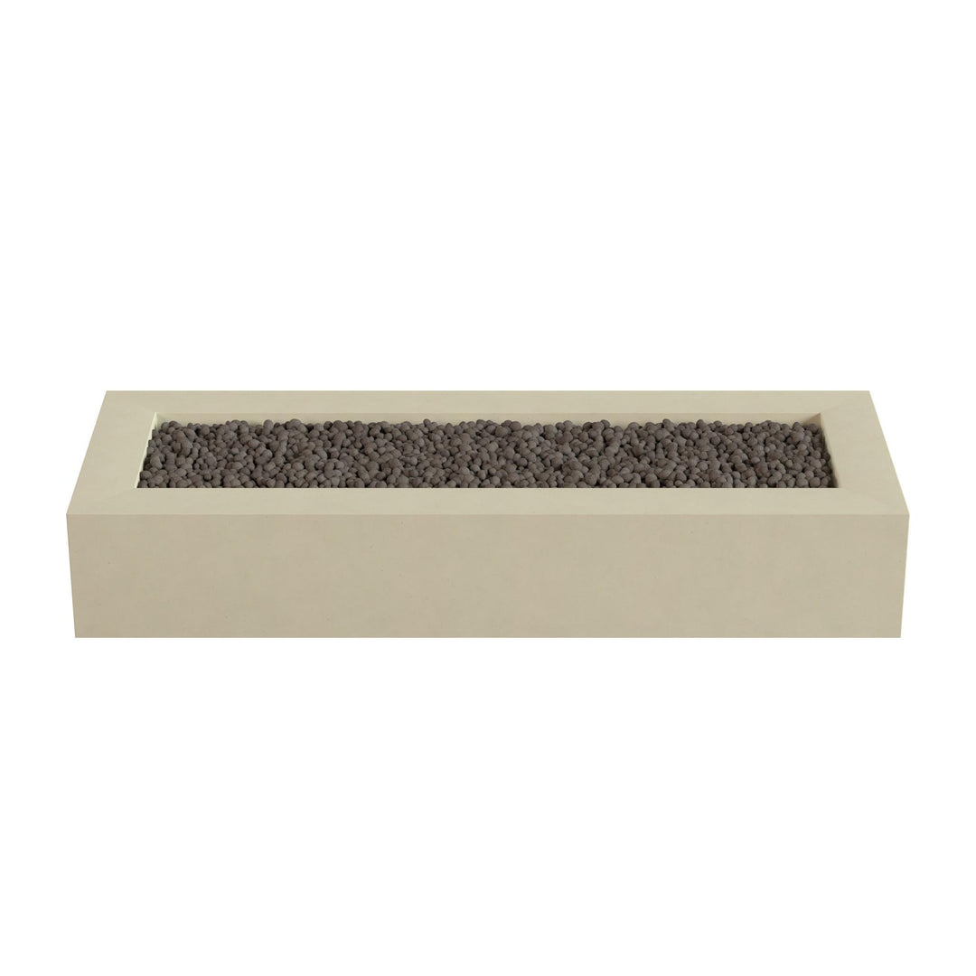 A rectangular beige planter box filled with small dark stones or pebbles.