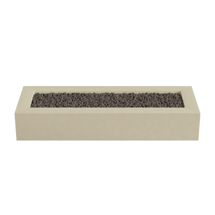 A rectangular beige planter box filled with small dark stones or pebbles.