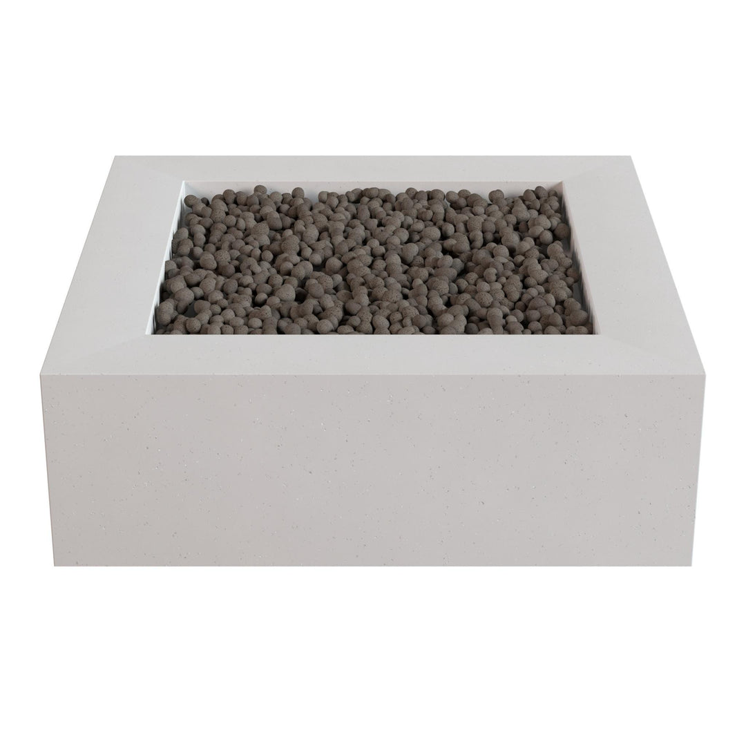 a white rectangular planter filled with small gray stones or pebbles.