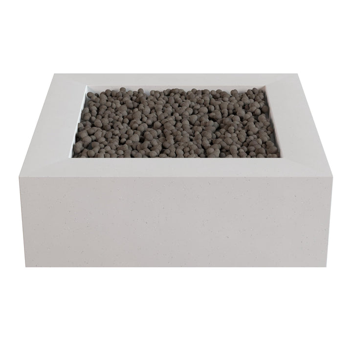 a white rectangular planter filled with small gray stones or pebbles.