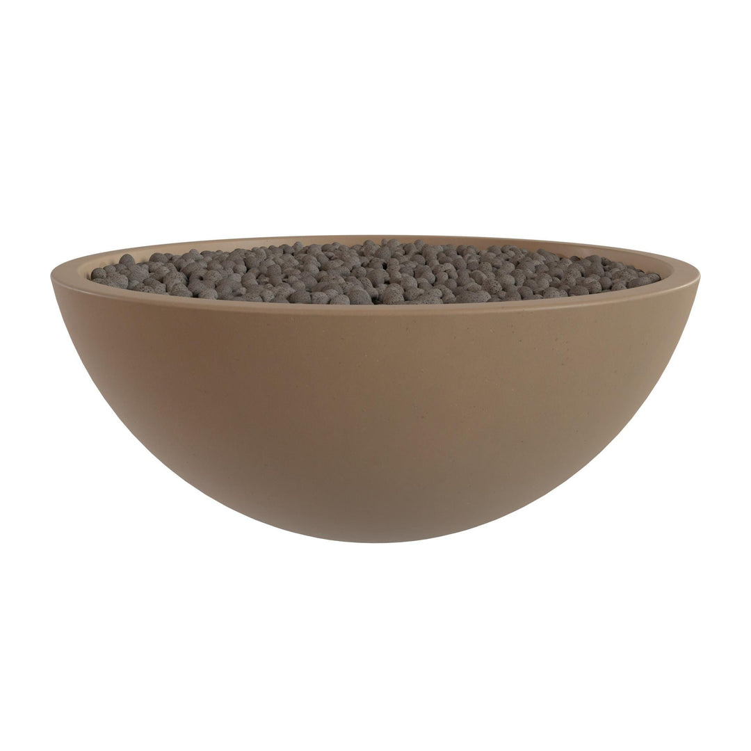 A large, round, brown bowl filled with small gray stones or pebbles.