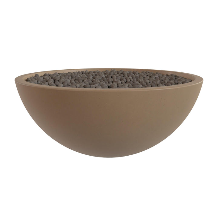 A large, round, brown bowl filled with small gray stones or pebbles.