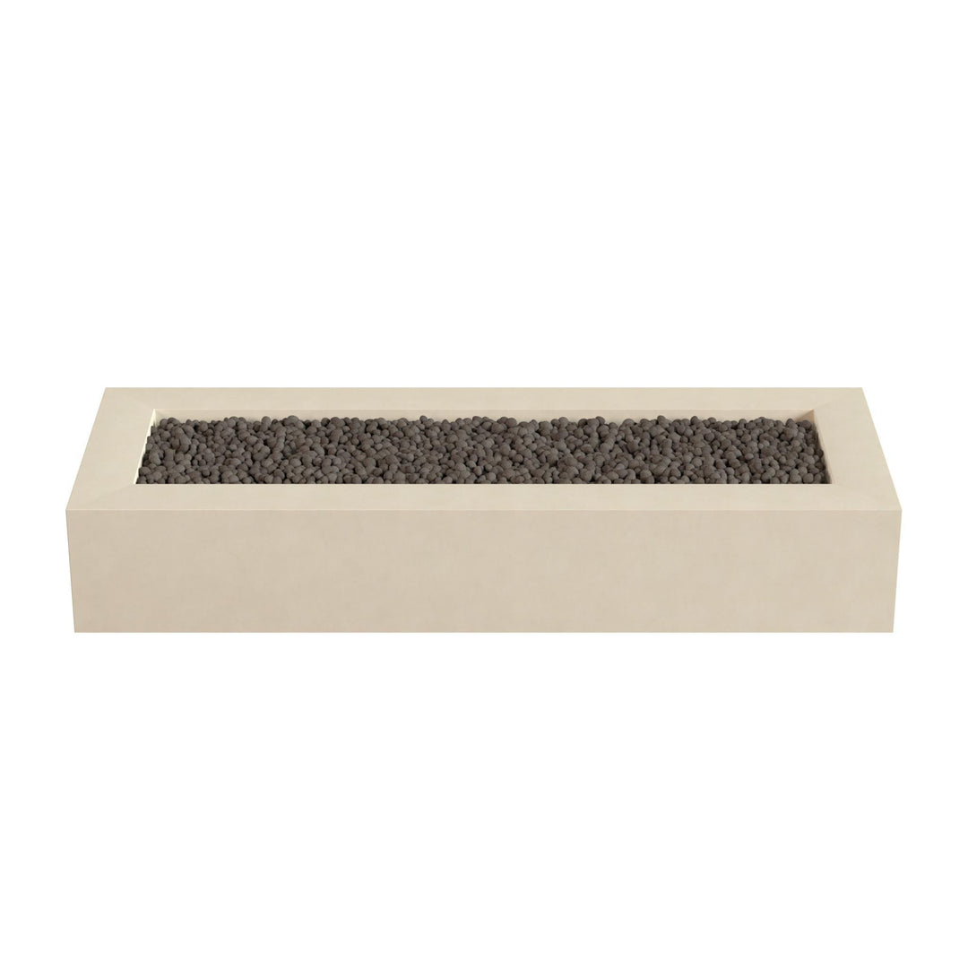 A rectangular, beige-colored planter filled with small, dark-colored stones or pebbles.