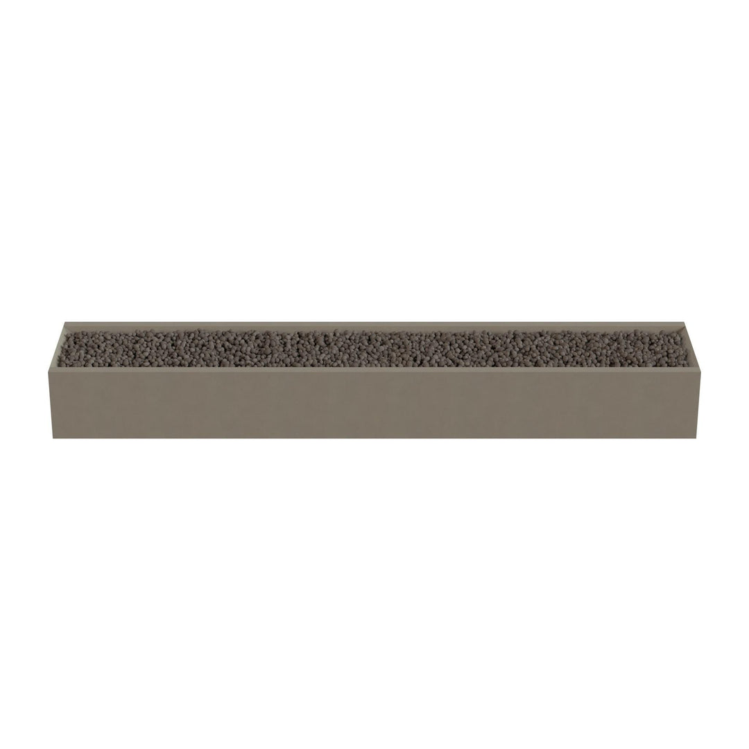 A rectangular planter box filled with small rocks or pebbles.