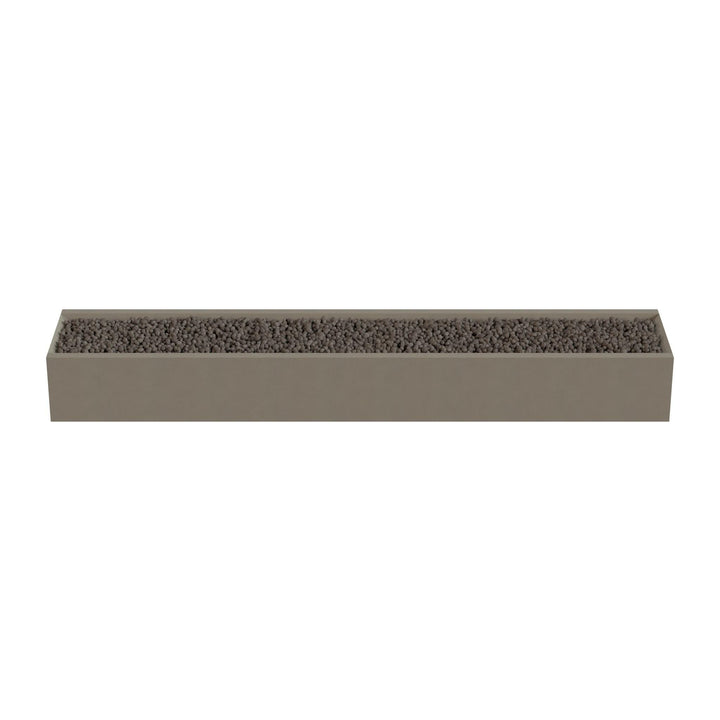 A rectangular planter box filled with small rocks or pebbles.